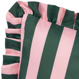 Close-up of the Palm Royale Stripe polyester cushion showing bold pink and forest green stripes with a gathered ruffle trim edge, on a plain white background.