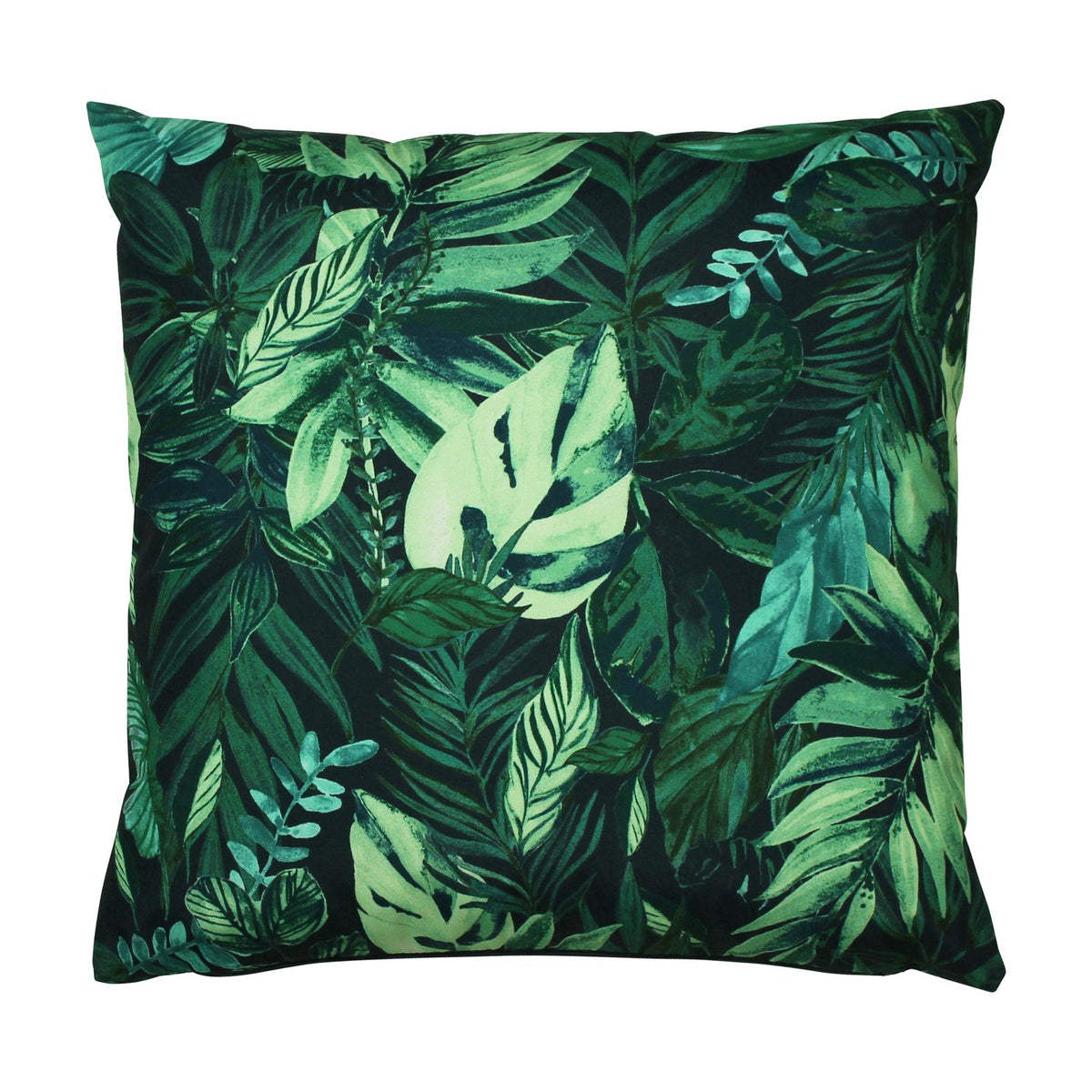 Square polyester cushion with a dense tropical leaf print in deep green and blue-green tones on a near-black ground, shown on a plain white background.