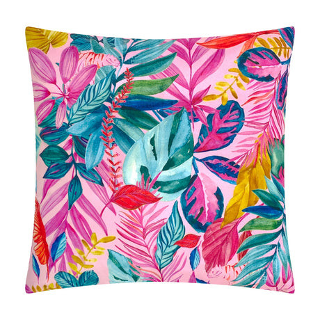 Square 43 x 43cm polyester cushion with a dense tropical jungle print of pink, magenta, teal, blue, green and gold leaves on a soft pink ground, shown against a plain white background.