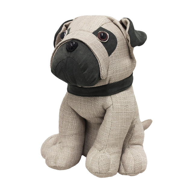 Pug-shaped polyester door stop with oatmeal woven fabric body, charcoal muzzle and ears, and glass eyes, shown seated on a plain white background.