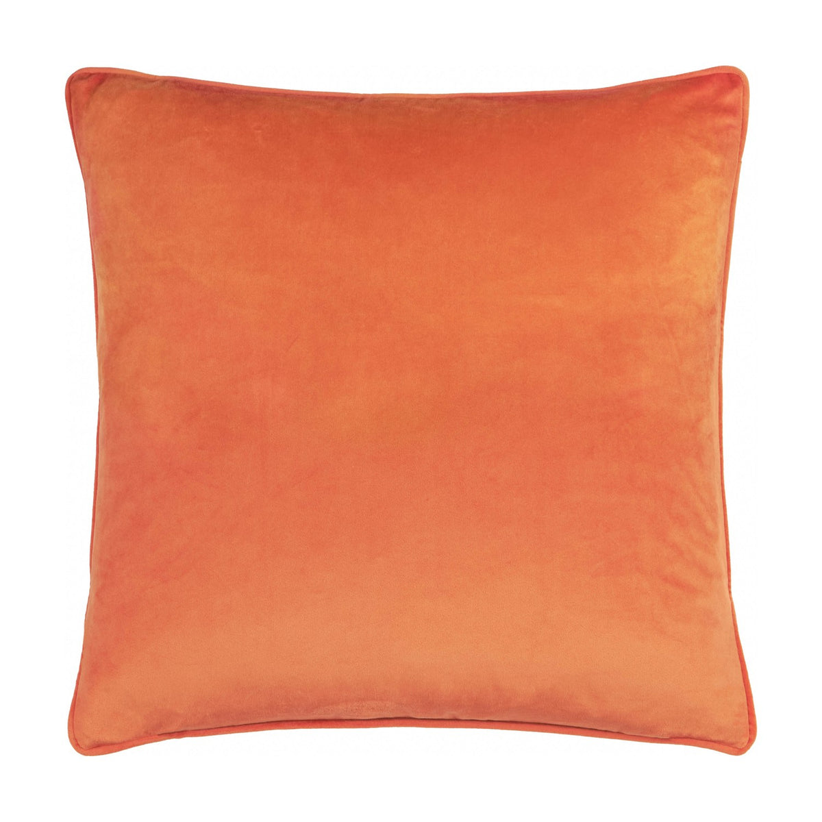 Square velvet cushion in solid orange with matching piped edge trim, shown against a plain white background, reverse side of the Pumpkin Spice Striped Velvet Cushion.