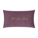 Rectangular velvet cushion in plum with fine vertical pinstripes, "Pick Your Poison" embroidered in gold script across the centre, shown on a plain white background.