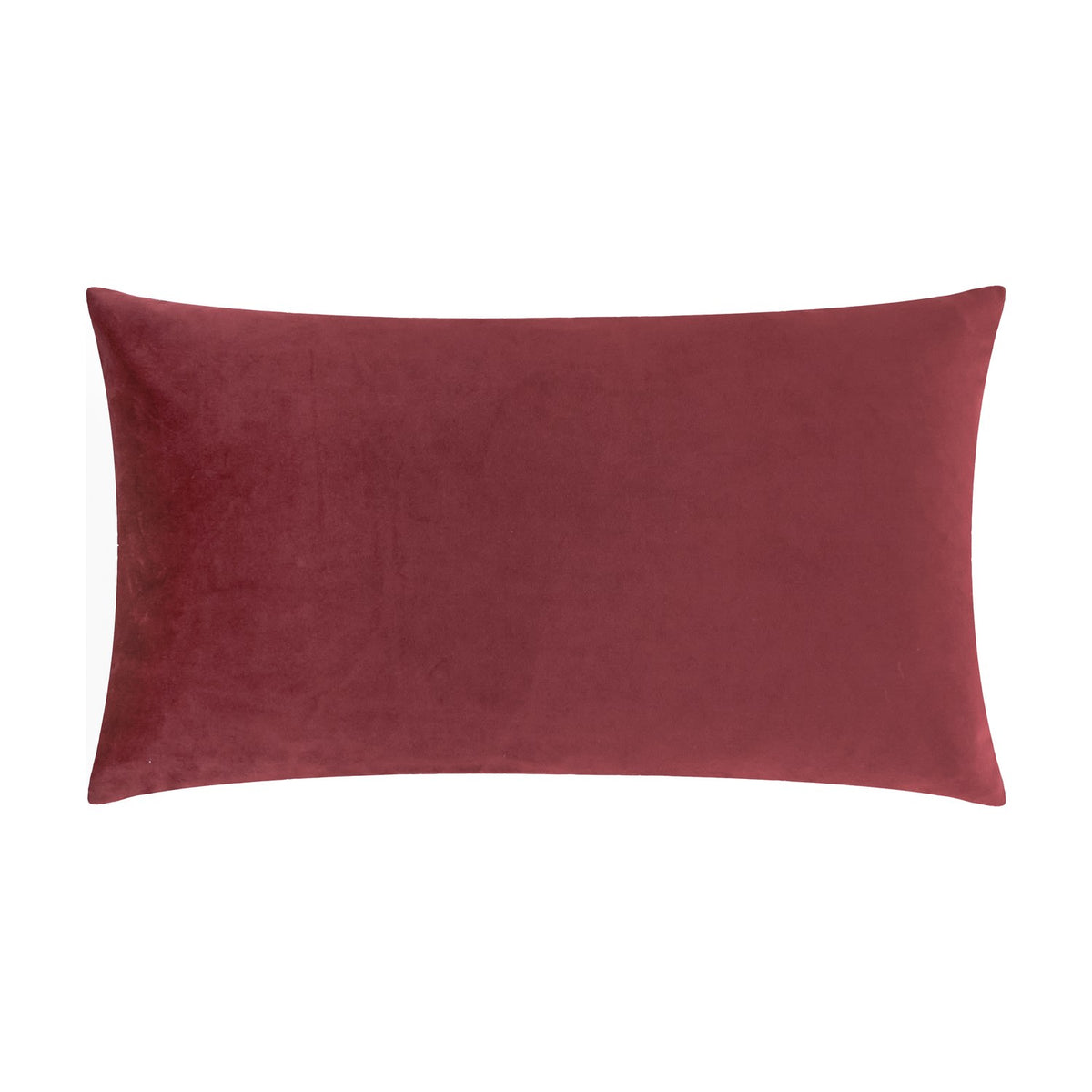 Rectangular velvet cushion, 30x50cm, shown reverse side in plain deep red velvet, part of the Pick Your Poison Striped Velvet Cushion set, on a plain white background.