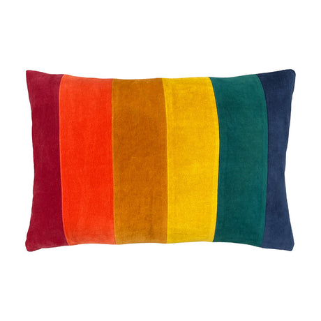 Rainbow Velvet Cotton Cushion in Jewels, a rectangular lumbar cushion with six vertical velvet stripes in red, orange, amber, yellow, teal and navy, shown on a plain white background.