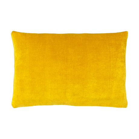 Rectangular lumbar cushion in plain yellow cotton velvet with a soft pile finish, shown as the reverse side against a plain white background.