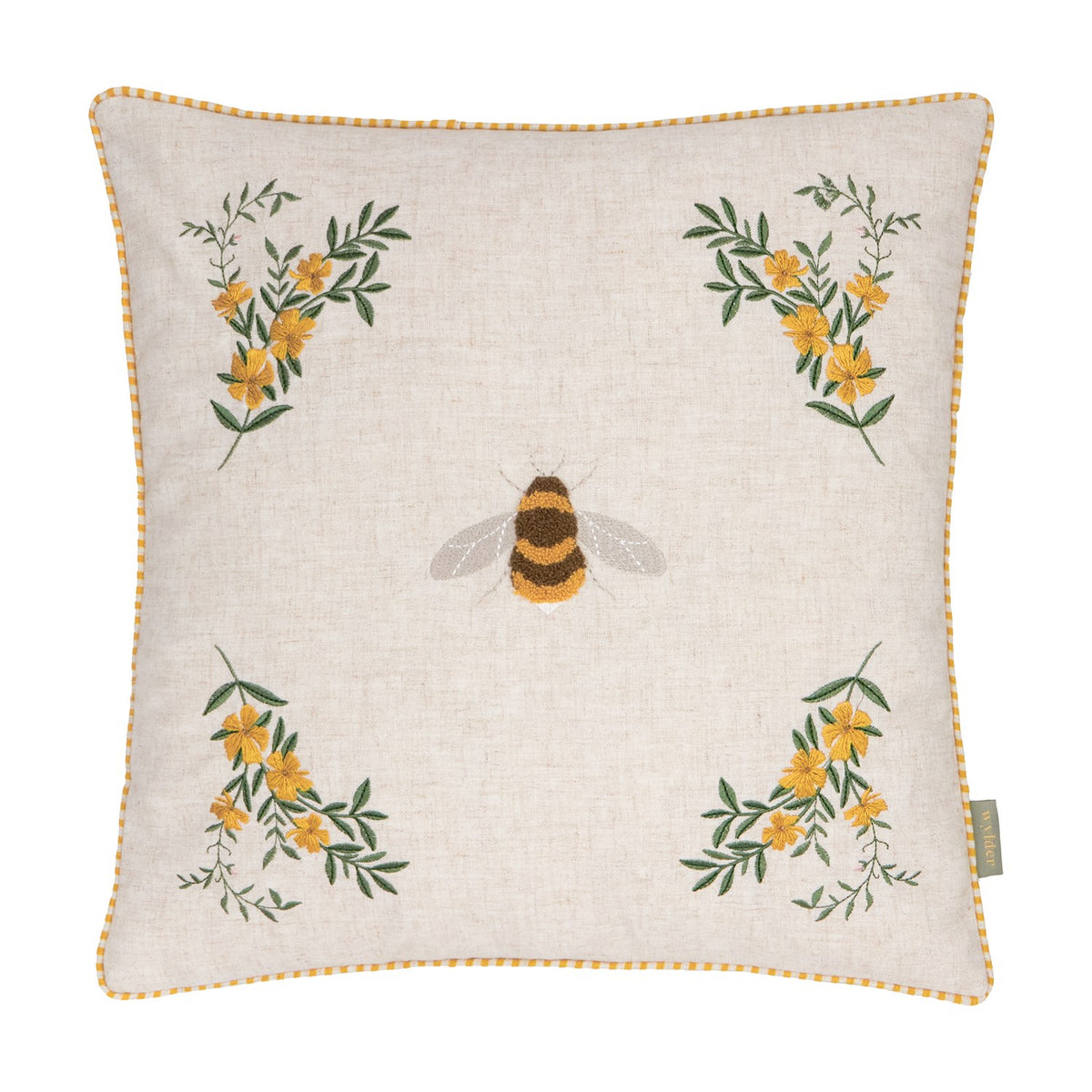 Square natural linen cushion with a tufted bee at the centre and embroidered yellow floral sprays in each corner, edged with yellow gingham piping, on a plain white background.