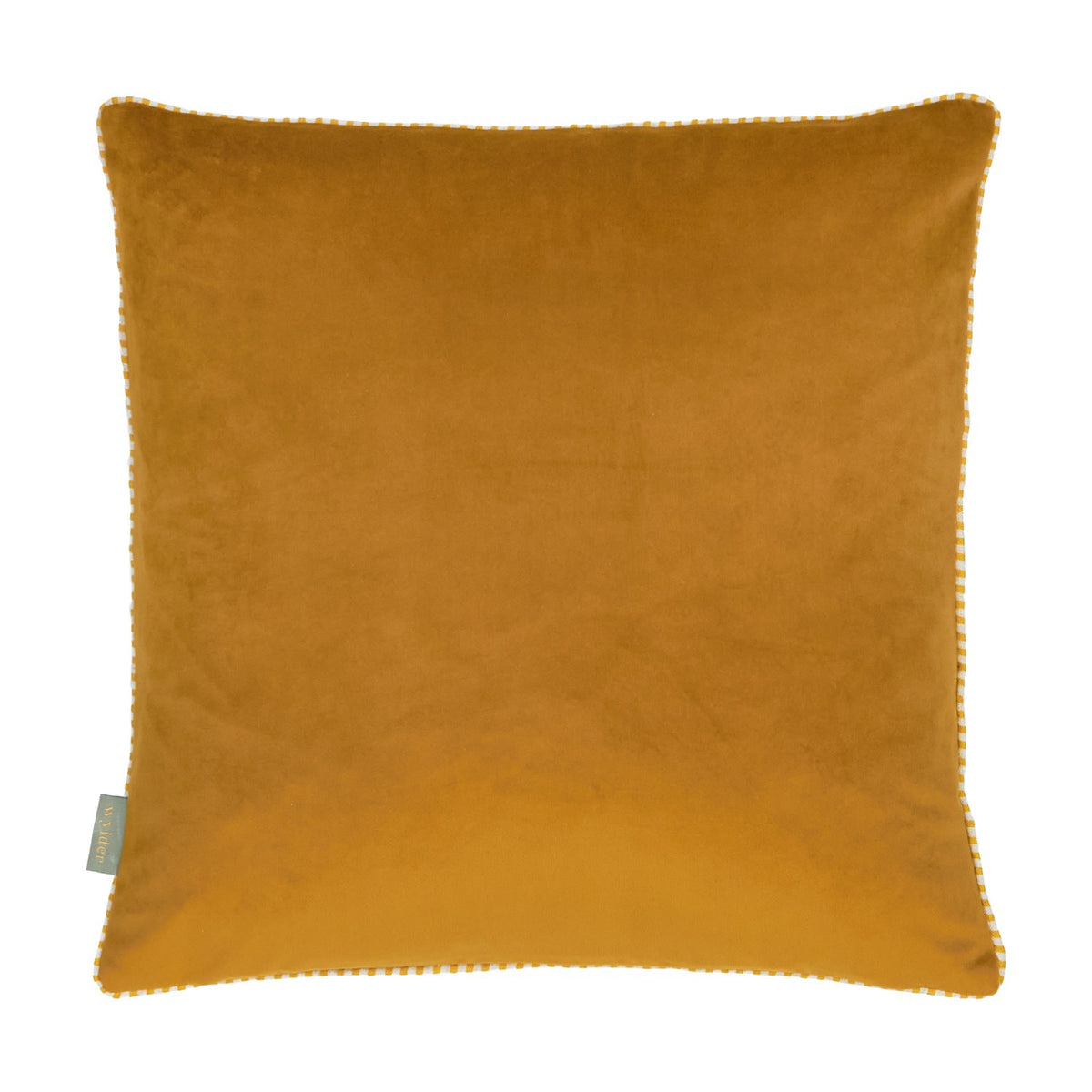 Rambbee Velvet Linen Cushion in mustard gold velvet, shown reverse side with contrast checkered piping edge and small fabric brand label, on a plain white background.