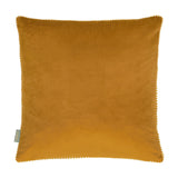 Rambbee Velvet Linen Cushion in mustard gold velvet, shown reverse side with contrast checkered piping edge and small fabric brand label, on a plain white background.