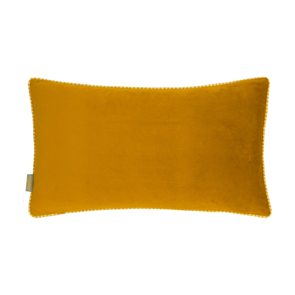 Rambbes Animal Velvet Cushion in honey gold, rectangular velvet fabric with gingham-trimmed piping edge, shown plain on a white background.