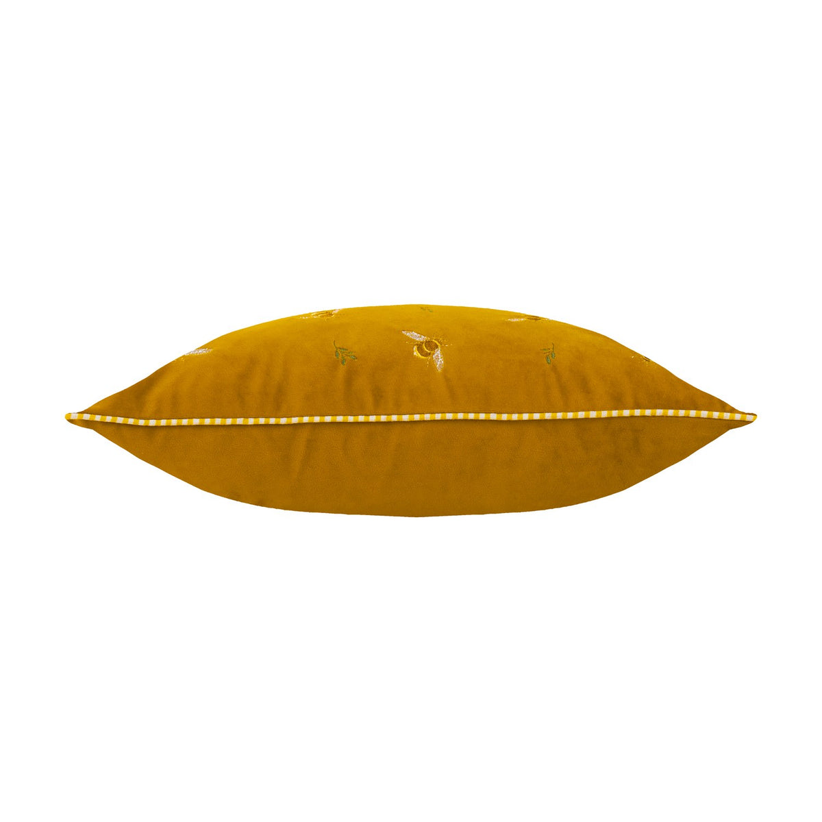 Rambbes Animal Velvet Cushion in honey gold velvet, shown edge-on with embroidered bees and leaf sprigs on the pile and a striped piped trim, plain white background.