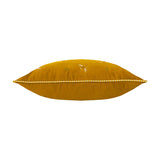 Rambbes Animal Velvet Cushion in honey gold velvet, shown edge-on with embroidered bees and leaf sprigs on the pile and a striped piped trim, plain white background.