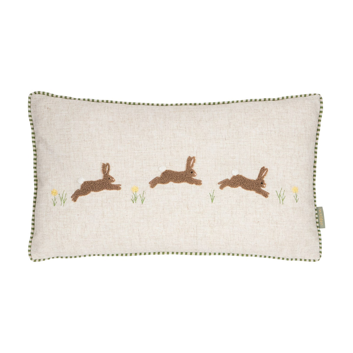 Rectangular Rambhar linen cushion in sage, 30 x 50cm, with three tufted leaping hares and embroidered flower sprigs on a natural flecked front, green gingham piping, plain white background.