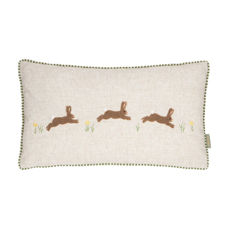 Rectangular Rambhar linen cushion in sage, 30 x 50cm, with three tufted leaping hares and embroidered flower sprigs on a natural flecked front, green gingham piping, plain white background.