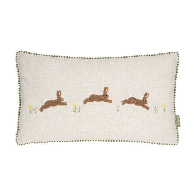 Rectangular Rambhar linen cushion in sage, 30 x 50cm, with three tufted leaping hares and embroidered flower sprigs on a natural flecked front, green gingham piping, plain white background.