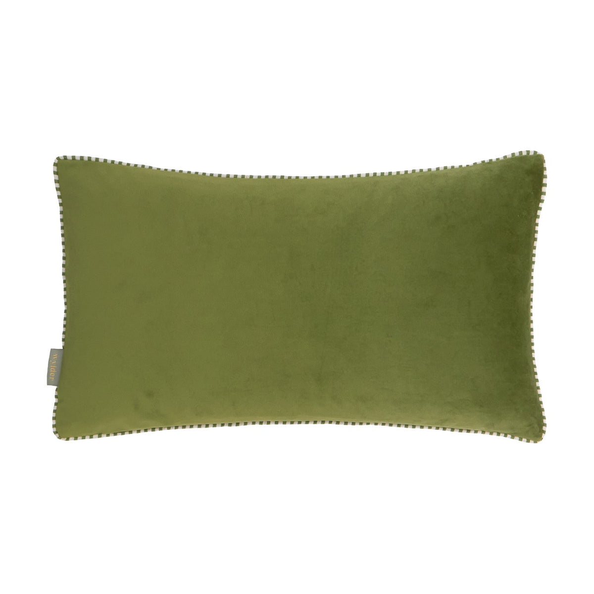 Rambhar Velvet Linen Cushion in Sage, rectangular bolster-style shape with plain sage green velvet front and gingham-check trim edging, shown on a white background.