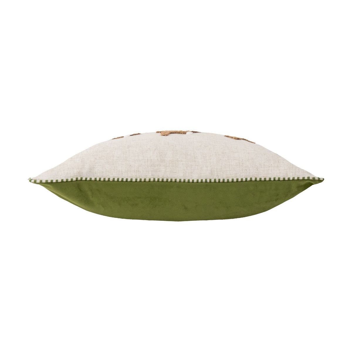 Side view of the Rambhar Velvet Linen Cushion in Sage, showing natural linen top with tufted detailing, sage green velvet base, and contrast stitched edging on a plain white background.