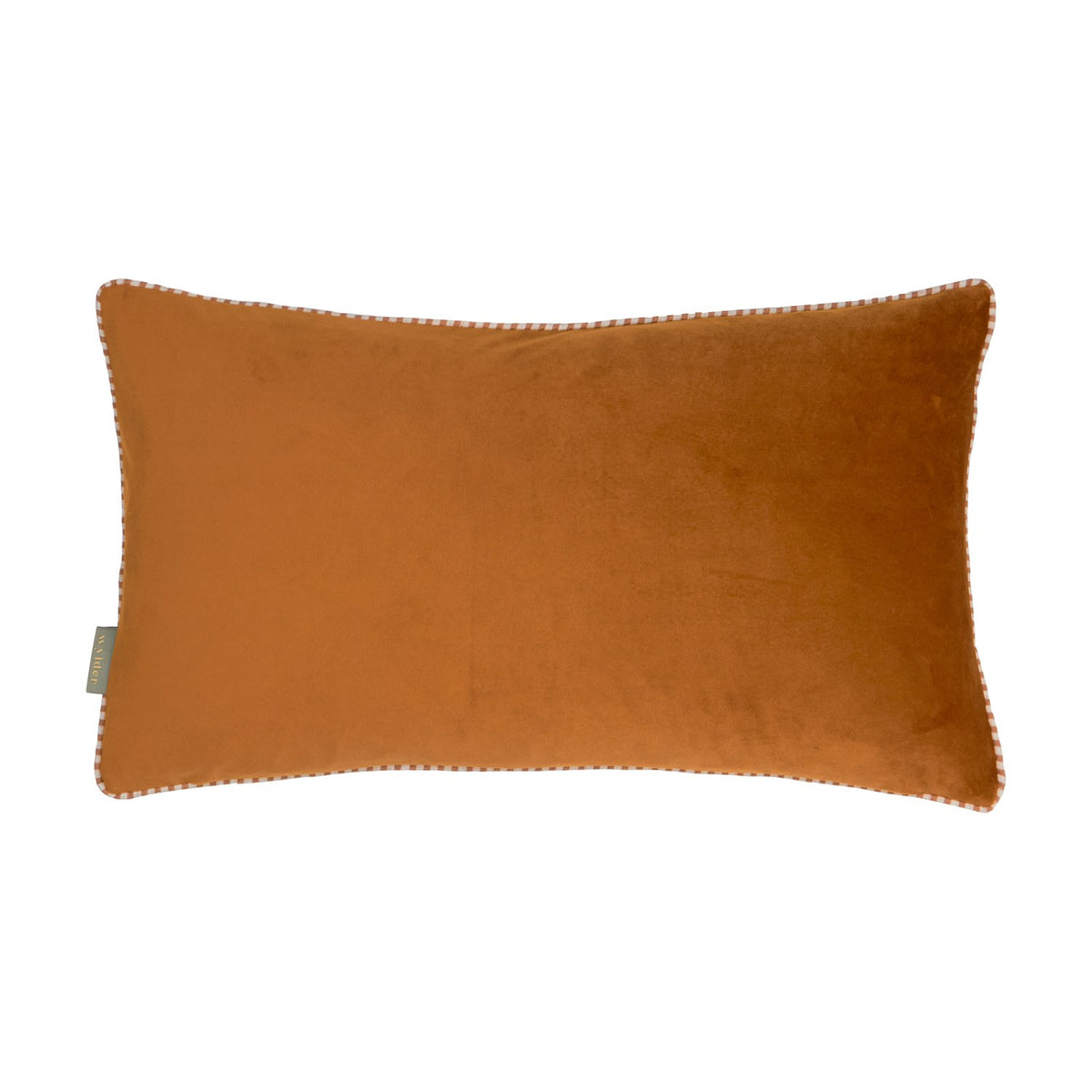 Rectangular ginger velvet cushion with a plain front and contrasting gingham piping trim along the edges, shown on a white background.