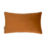 Rectangular ginger velvet cushion with a plain front and contrasting gingham piping trim along the edges, shown on a white background.
