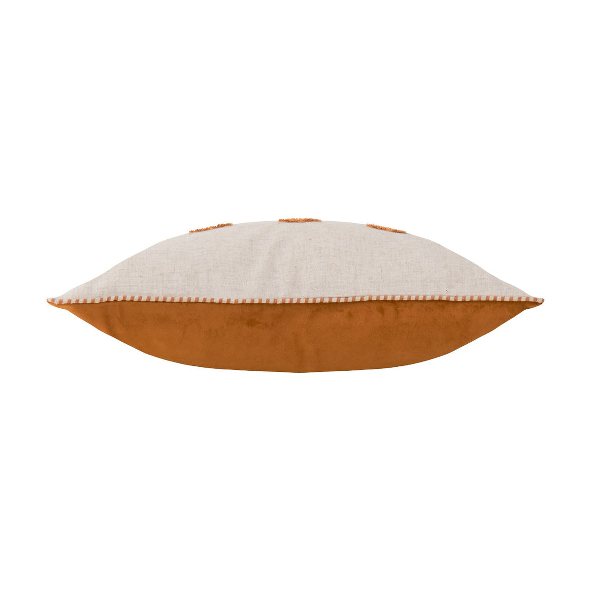 Side view of the Rambhco Velvet Linen Cushion in Ginger, showing an oatmeal linen top with whipstitch edging and a solid rust-orange velvet base, on a white background.