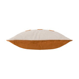 Side view of the Rambhco Velvet Linen Cushion in Ginger, showing an oatmeal linen top with whipstitch edging and a solid rust-orange velvet base, on a white background.