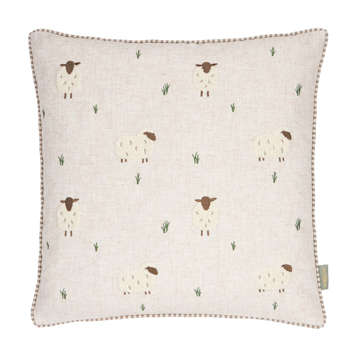 Rambshe Velvet Linen Cushion in Natural, a square cushion with embroidered sheep and tufted grass motifs on a flecked linen-blend ground, shown on a plain white background.