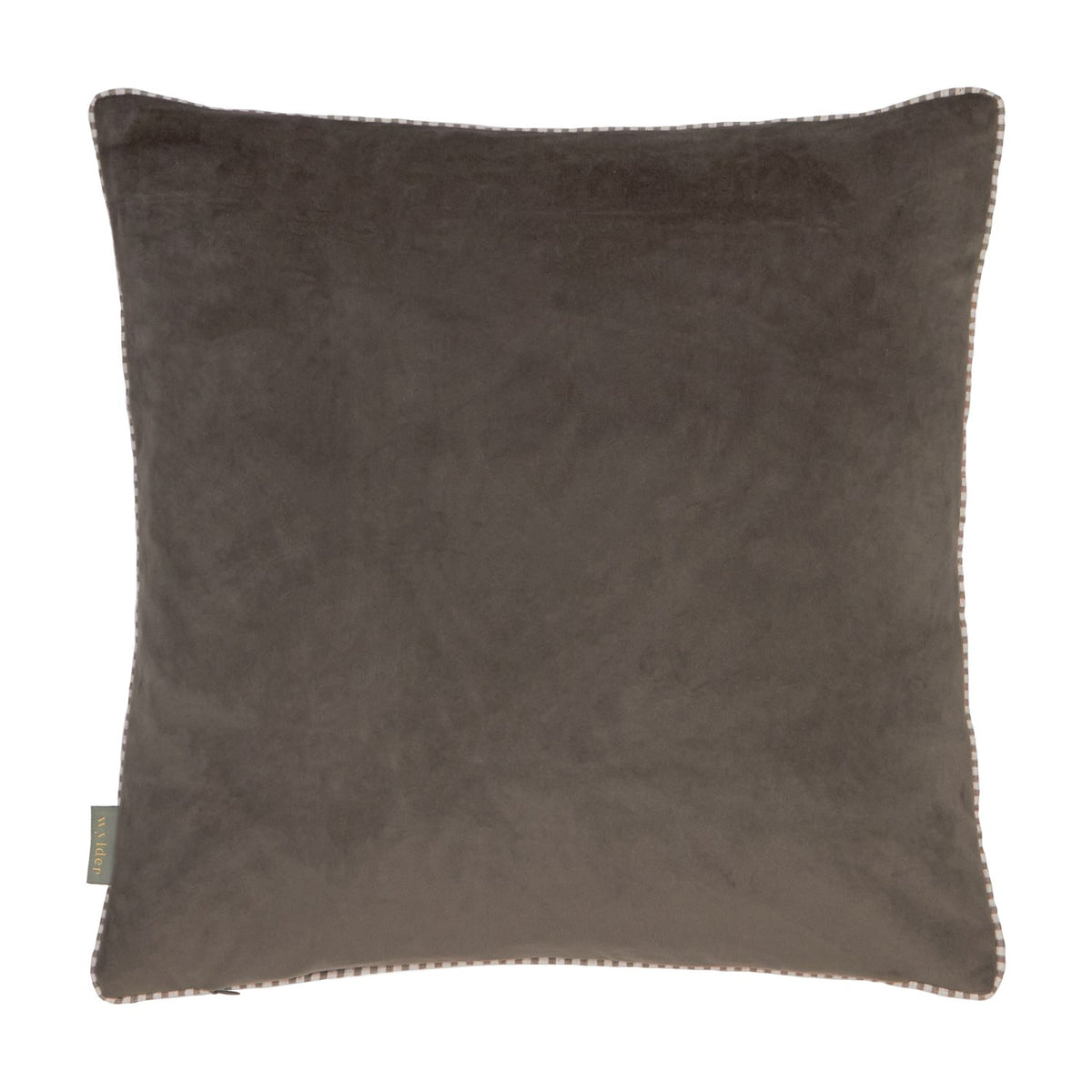 Rambshe Velvet Linen Cushion in Natural, a square velvet cushion with a plain brown finish and gingham-check piped edging, shown against a white background.