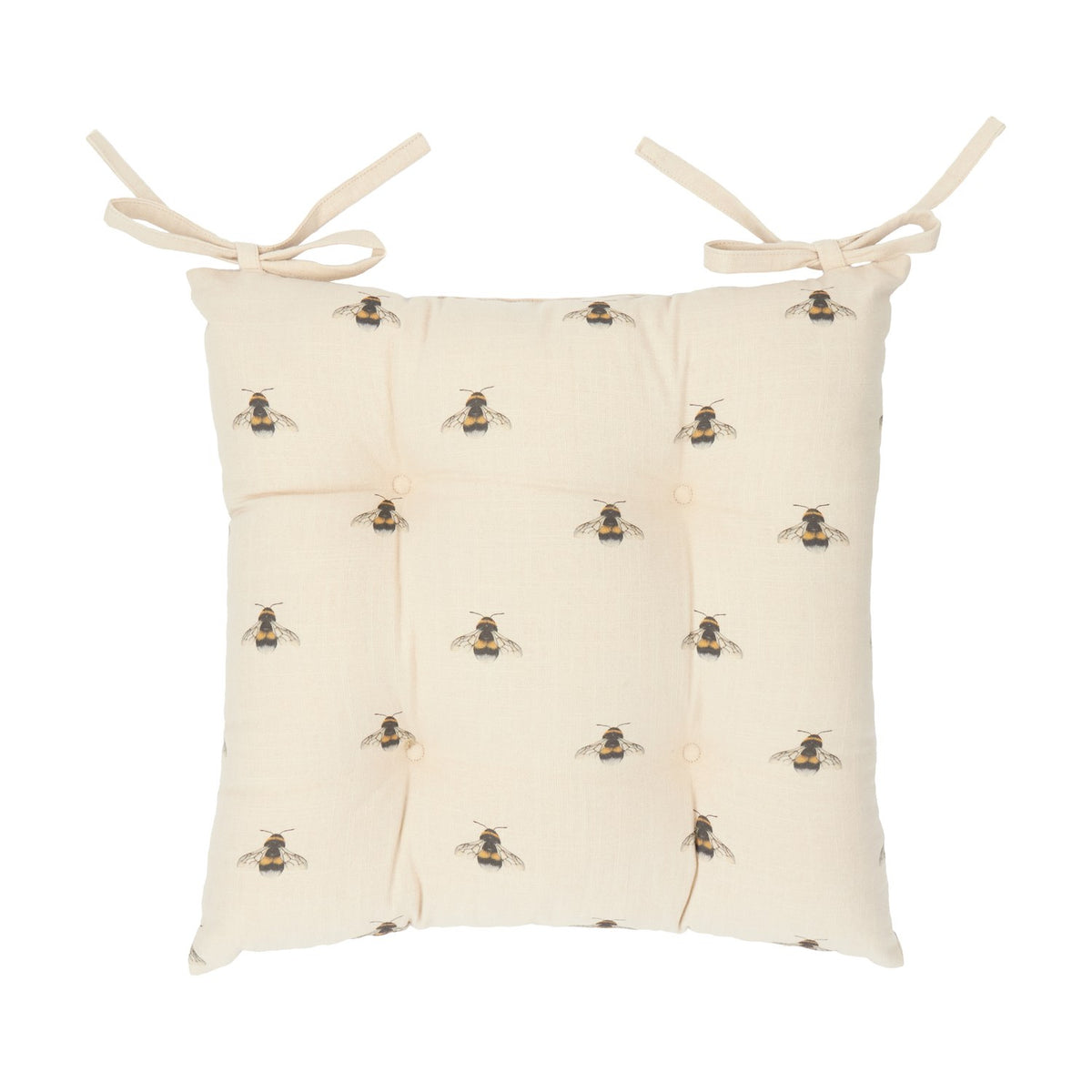 Square tufted seat pad in natural cotton with a bumble bee print, buttoned centre, and two fabric ties at the top corners, shown on a plain white background.