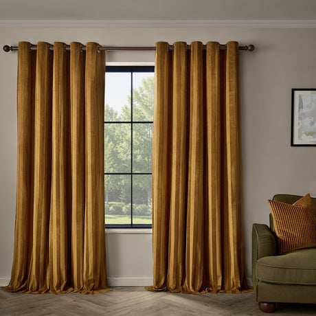 Regency Stripe Velvet Fully Lined Eyelet Curtains - Antique Gold