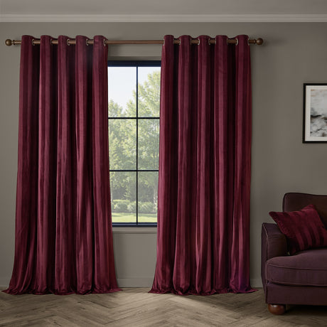 Regency Stripe Velvet Fully Lined Eyelet Curtains - Burgundy