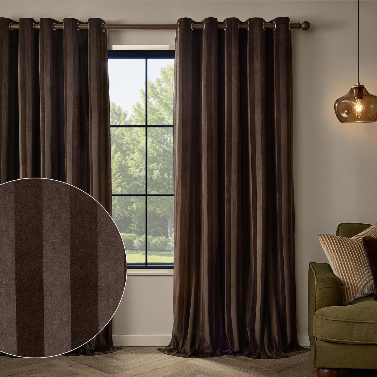 Regency Stripe Velvet Fully Lined Eyelet Curtains in chocolate brown, shown hanging on a bronze rod beside a window, with a fabric swatch inset showing the vertical tonal stripe.