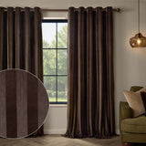 Regency Stripe Velvet Fully Lined Eyelet Curtains in chocolate brown, shown hanging on a bronze rod beside a window, with a fabric swatch inset showing the vertical tonal stripe.