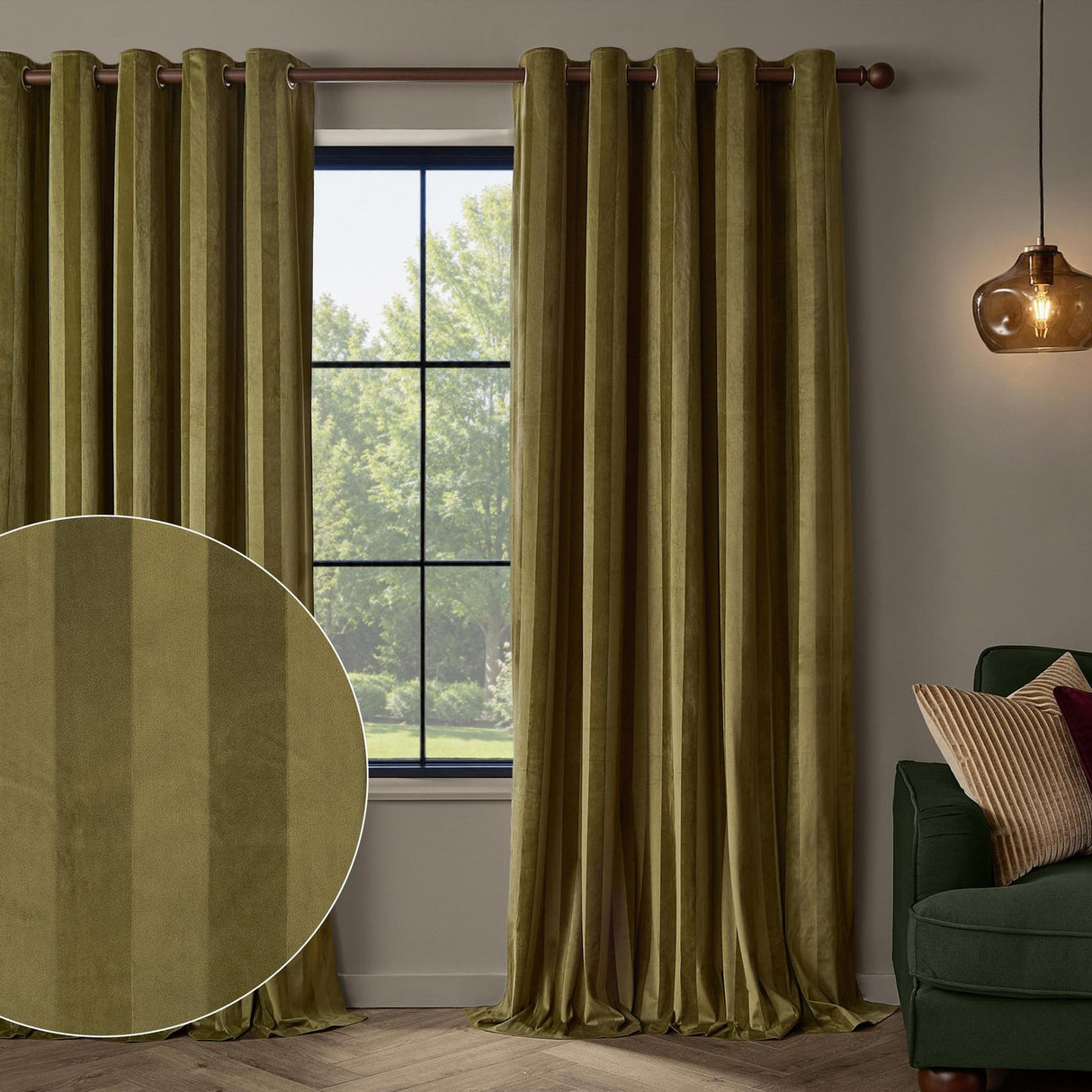 Regency Stripe Velvet Fully Lined Eyelet Curtains - Olive