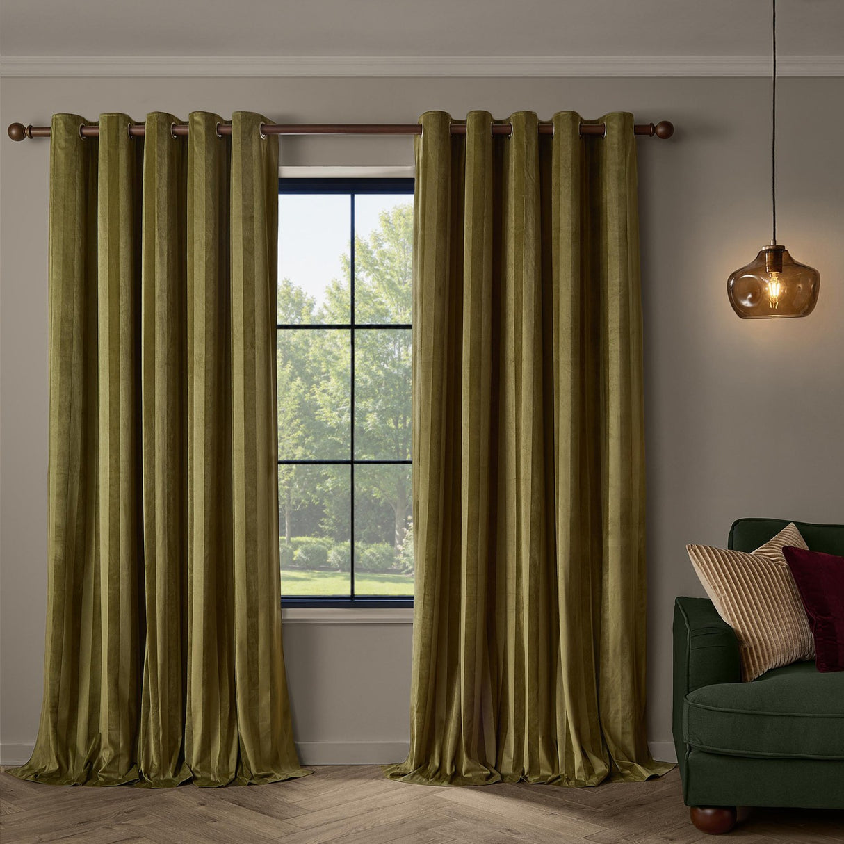 Regency Stripe Velvet Fully Lined Eyelet Curtains - Olive