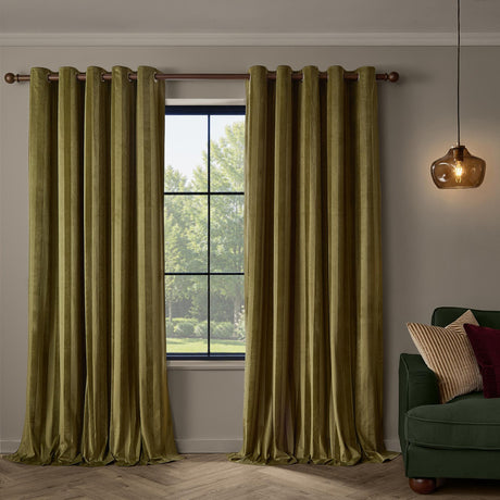Regency Stripe Velvet Fully Lined Eyelet Curtains - Olive