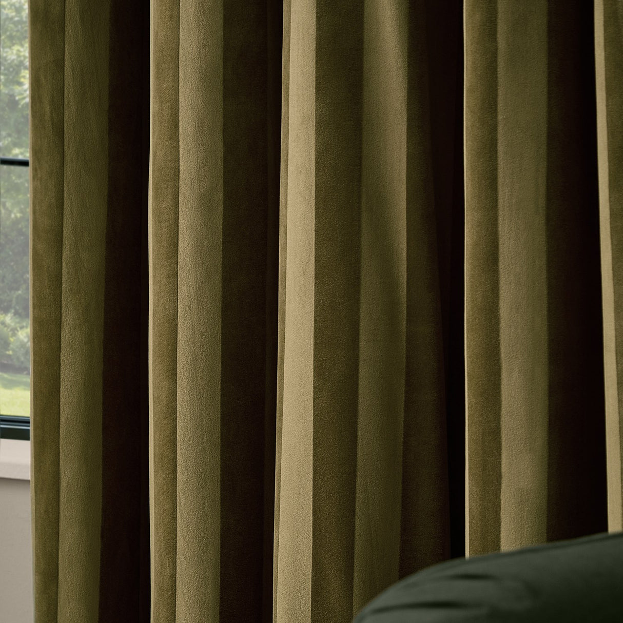 Regency Stripe Velvet Fully Lined Eyelet Curtains - Olive