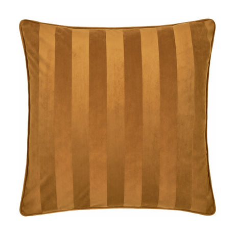 Regency Stripe Jacquard Velvet Cushion in antique gold, square with tonal vertical stripes, piped edge trim, shown on a plain white background.