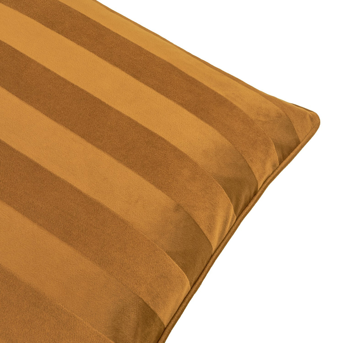 Close-up of the Regency Stripe Jacquard Velvet Cushion in antique gold, showing tonal vertical stripes with a matt-to-sheen finish and slim piped edge trim.