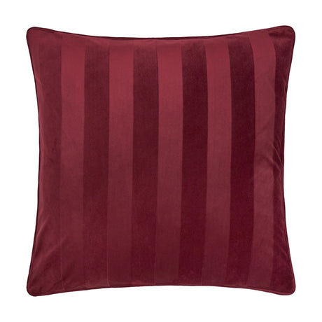 Regency Stripe Jacquard Velvet Cushion in burgundy, square with piped edging and alternating matt and sheen vertical stripes, shown on a plain white background.