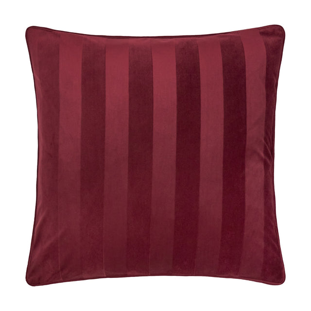 Regency Stripe Jacquard Velvet Cushion in burgundy, square with piped edging and alternating matt and sheen vertical stripes, shown on a plain white background.