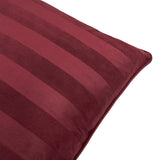 Close-up of the Regency Stripe Jacquard Velvet Cushion in burgundy, showing matt and sheen striped pile with piped edge, on a plain white background.