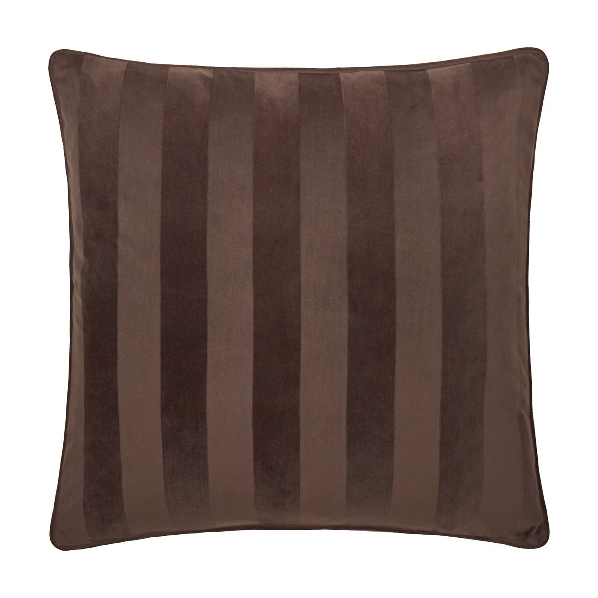 Square Regency Stripe Jacquard Velvet Cushion in chocolate brown, showing alternating matt and sheen striped pile with piped edging, on a plain white background.
