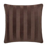 Square Regency Stripe Jacquard Velvet Cushion in chocolate brown, showing alternating matt and sheen striped pile with piped edging, on a plain white background.