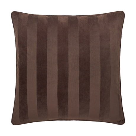 Square Regency Stripe Jacquard Velvet Cushion in chocolate brown, showing alternating matt and sheen striped pile with piped edging, on a plain white background.