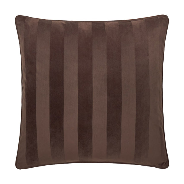 Square Regency Stripe Jacquard Velvet Cushion in chocolate brown, showing alternating matt and sheen striped pile with piped edging, on a plain white background.