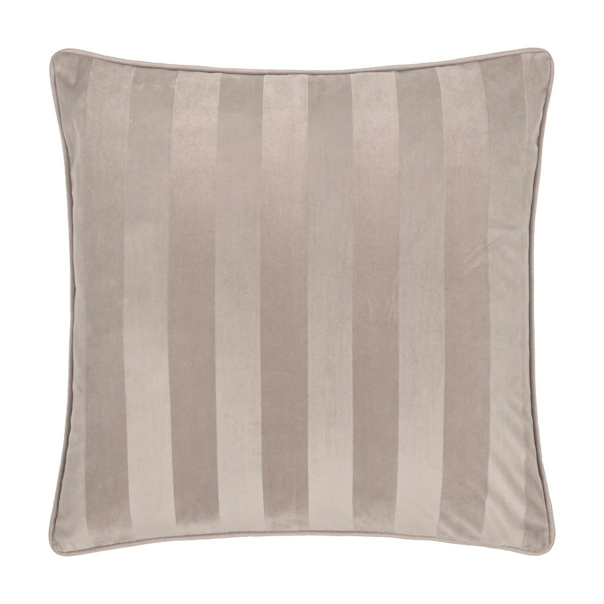Regency Stripe Jacquard Velvet Cushion in grey, square with piped edge, showing woven tonal stripes in matt and sheen velvet, on a plain white background.