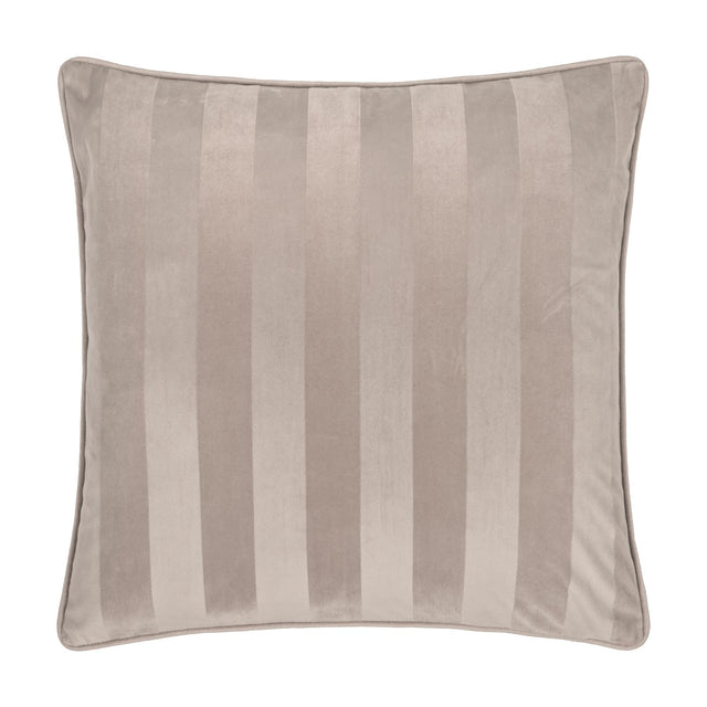 Regency Stripe Jacquard Velvet Cushion in grey, square with piped edge, showing woven tonal stripes in matt and sheen velvet, on a plain white background.