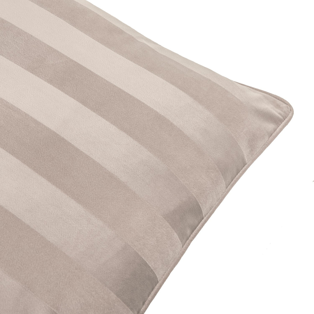 Close-up of the Regency Stripe Jacquard Velvet Cushion in grey, showing woven tonal stripes with a matt-and-sheen finish and neat piped edge, against a white background.