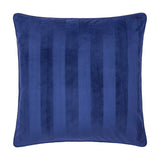 Square midnight blue velvet cushion with tonal jacquard stripes running vertically and a matching piped edge, shown on a plain white background.