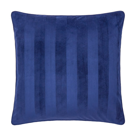 Square midnight blue velvet cushion with tonal jacquard stripes running vertically and a matching piped edge, shown on a plain white background.