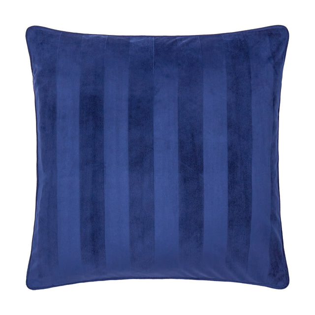 Square midnight blue velvet cushion with tonal jacquard stripes running vertically and a matching piped edge, shown on a plain white background.